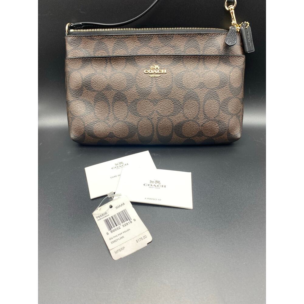 New Coach Signature PVC Pop Pouch Brown and Black Shoulder / Wristlet Bag F65806